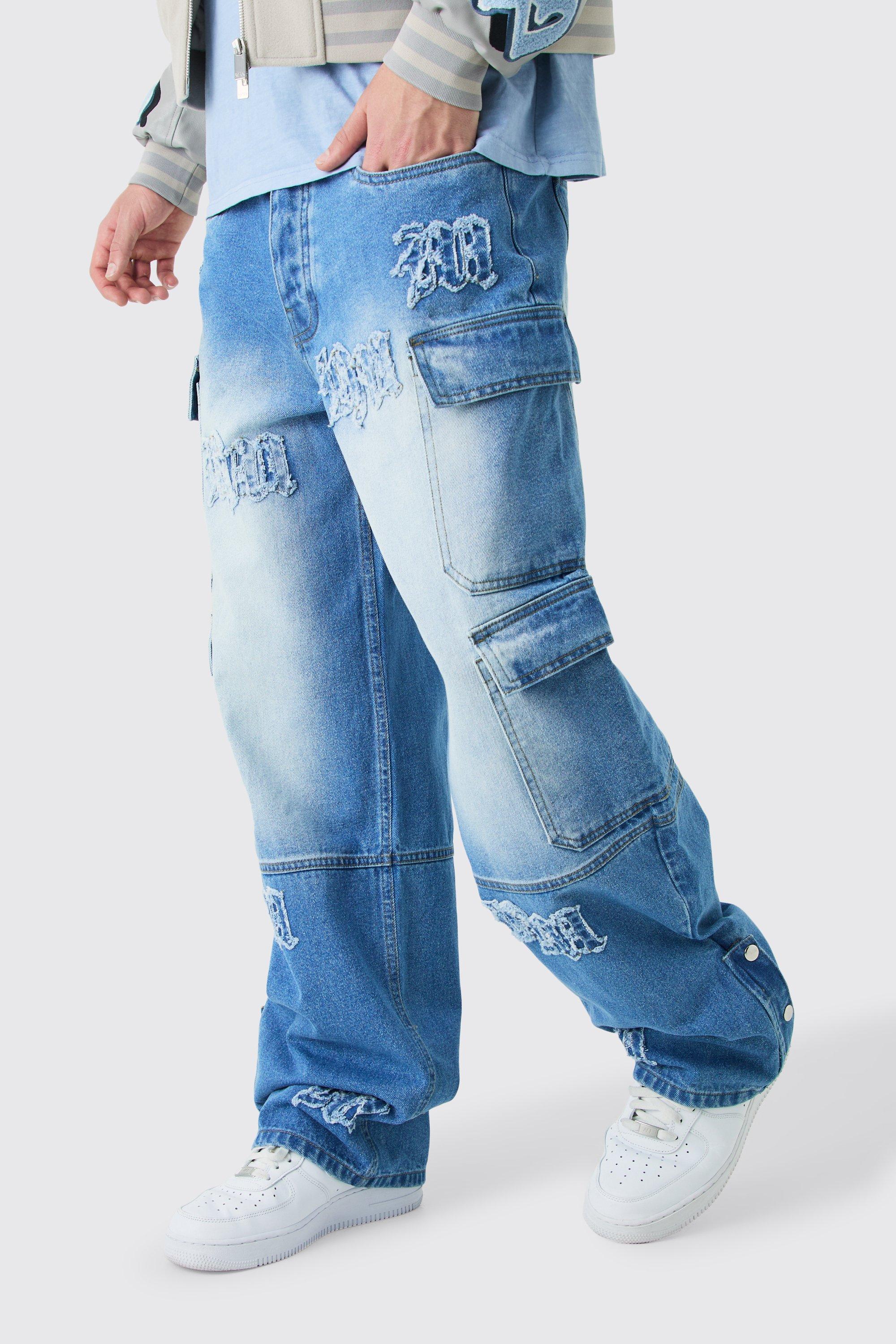 Mens Blue Baggy Rigid Bm Applique Multi Pocket Cargo Jeans, Blue